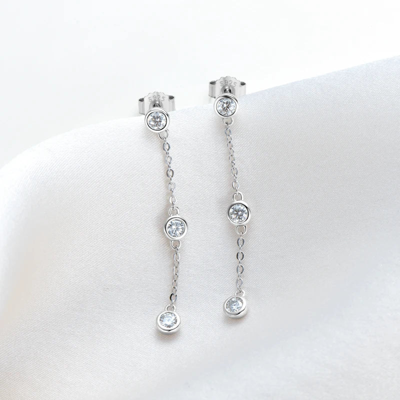 3mm VVS1 Moissanite Long Drop Tassel Earrings 925 Silver Bezel Set Dangle BandsCo Straps