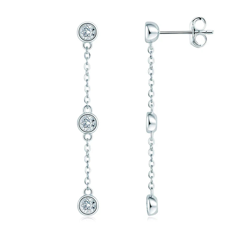 3mm VVS1 Moissanite Long Drop Tassel Earrings 925 Silver Bezel Set Dangle BandsCo Straps