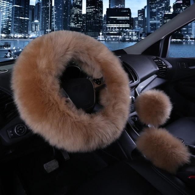 3PCS Fur Steering Wheel Cover Set Real Sheepskin Auto Plush Warm Fluffy Fuzzy Women Winter Fashion Wool Fur Soft Furry Steering Wheel Covers Blue Fluffy Handbrake Cover Gear Shift Cover Fuzz Warm Non-slip Car Decoration Car Accessories for Women Girl Stevvex