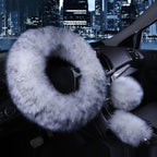 3PCS Fur Steering Wheel Cover Set Real Sheepskin Auto Plush Warm Fluffy Fuzzy Women Winter Fashion Wool Fur Soft Furry Steering Wheel Covers Blue Fluffy Handbrake Cover Gear Shift Cover Fuzz Warm Non-slip Car Decoration Car Accessories for Women Girl Stevvex