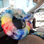 3PCS Fur Steering Wheel Cover Set Real Sheepskin Auto Plush Warm Fluffy Fuzzy Women Winter Fashion Wool Fur Soft Furry Steering Wheel Covers Blue Fluffy Handbrake Cover Gear Shift Cover Fuzz Warm Non-slip Car Decoration Car Accessories for Women Girl Stevvex