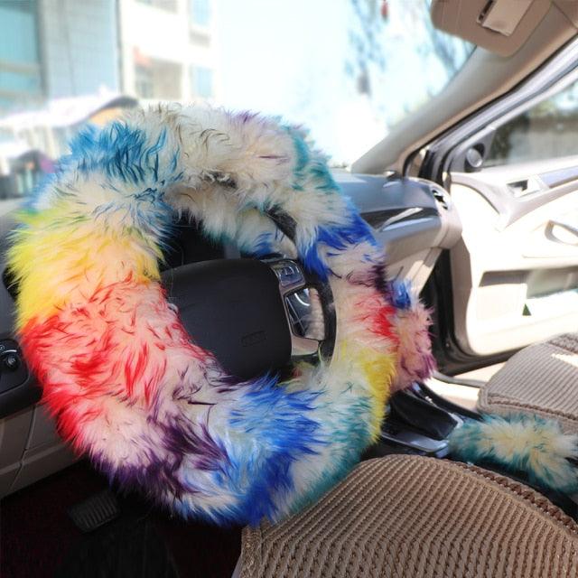 3PCS Fur Steering Wheel Cover Set Real Sheepskin Auto Plush Warm Fluffy Fuzzy Women Winter Fashion Wool Fur Soft Furry Steering Wheel Covers Blue Fluffy Handbrake Cover Gear Shift Cover Fuzz Warm Non-slip Car Decoration Car Accessories for Women Girl Stevvex