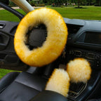 3PCS Fur Steering Wheel Cover Set Real Sheepskin Auto Plush Warm Fluffy Fuzzy Women Winter Fashion Wool Fur Soft Furry Steering Wheel Covers Blue Fluffy Handbrake Cover Gear Shift Cover Fuzz Warm Non-slip Car Decoration Car Accessories for Women Girl Stevvex