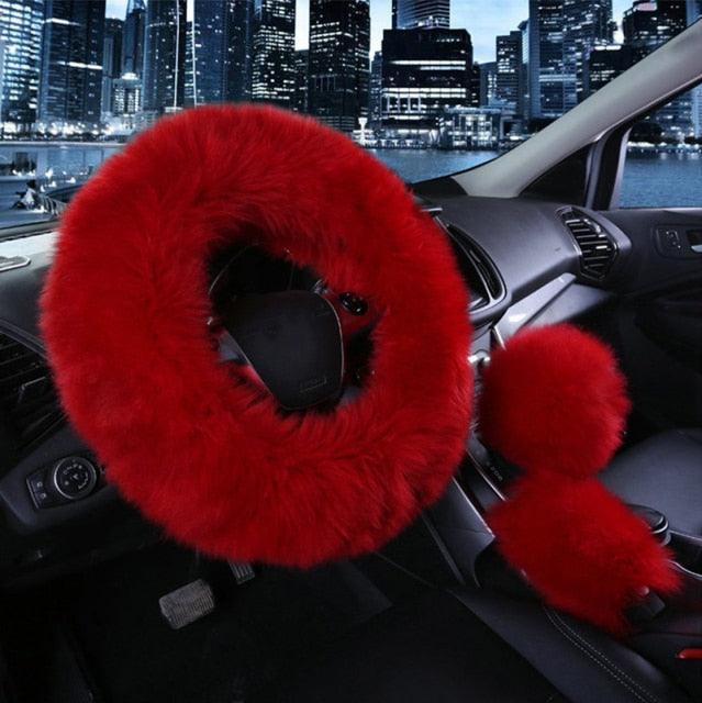 3PCS Fur Steering Wheel Cover Set Real Sheepskin Auto Plush Warm Fluffy Fuzzy Women Winter Fashion Wool Fur Soft Furry Steering Wheel Covers Blue Fluffy Handbrake Cover Gear Shift Cover Fuzz Warm Non-slip Car Decoration Car Accessories for Women Girl Stevvex