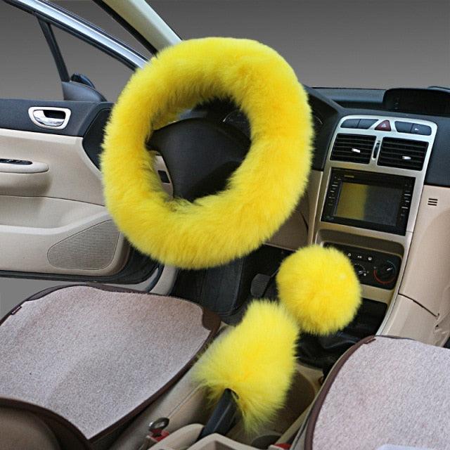 3PCS Fur Steering Wheel Cover Set Real Sheepskin Auto Plush Warm Fluffy Fuzzy Women Winter Fashion Wool Fur Soft Furry Steering Wheel Covers Blue Fluffy Handbrake Cover Gear Shift Cover Fuzz Warm Non-slip Car Decoration Car Accessories for Women Girl Stevvex