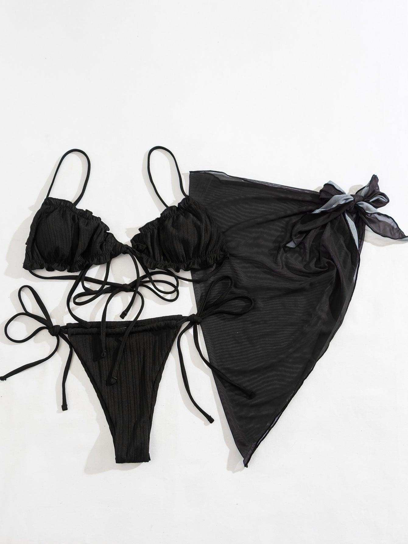 3PCS Ladies Split Swimwear Sets Women Swimsuit Women's Bikini Swimsuits Bikini Set With Wrap Skirt Underwire Swimwear Bathing Suit Chiffon Cover Up Bikini Ruffles Lace-up  Mesh Cover Ups Bikinis Set Stevvex