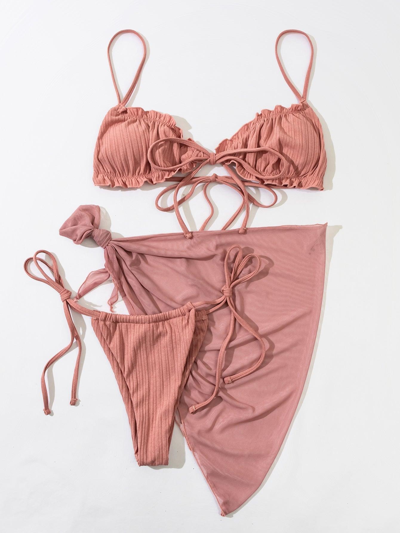 3PCS Ladies Split Swimwear Sets Women Swimsuit Women's Bikini Swimsuits Bikini Set With Wrap Skirt Underwire Swimwear Bathing Suit Chiffon Cover Up Bikini Ruffles Lace-up  Mesh Cover Ups Bikinis Set Stevvex