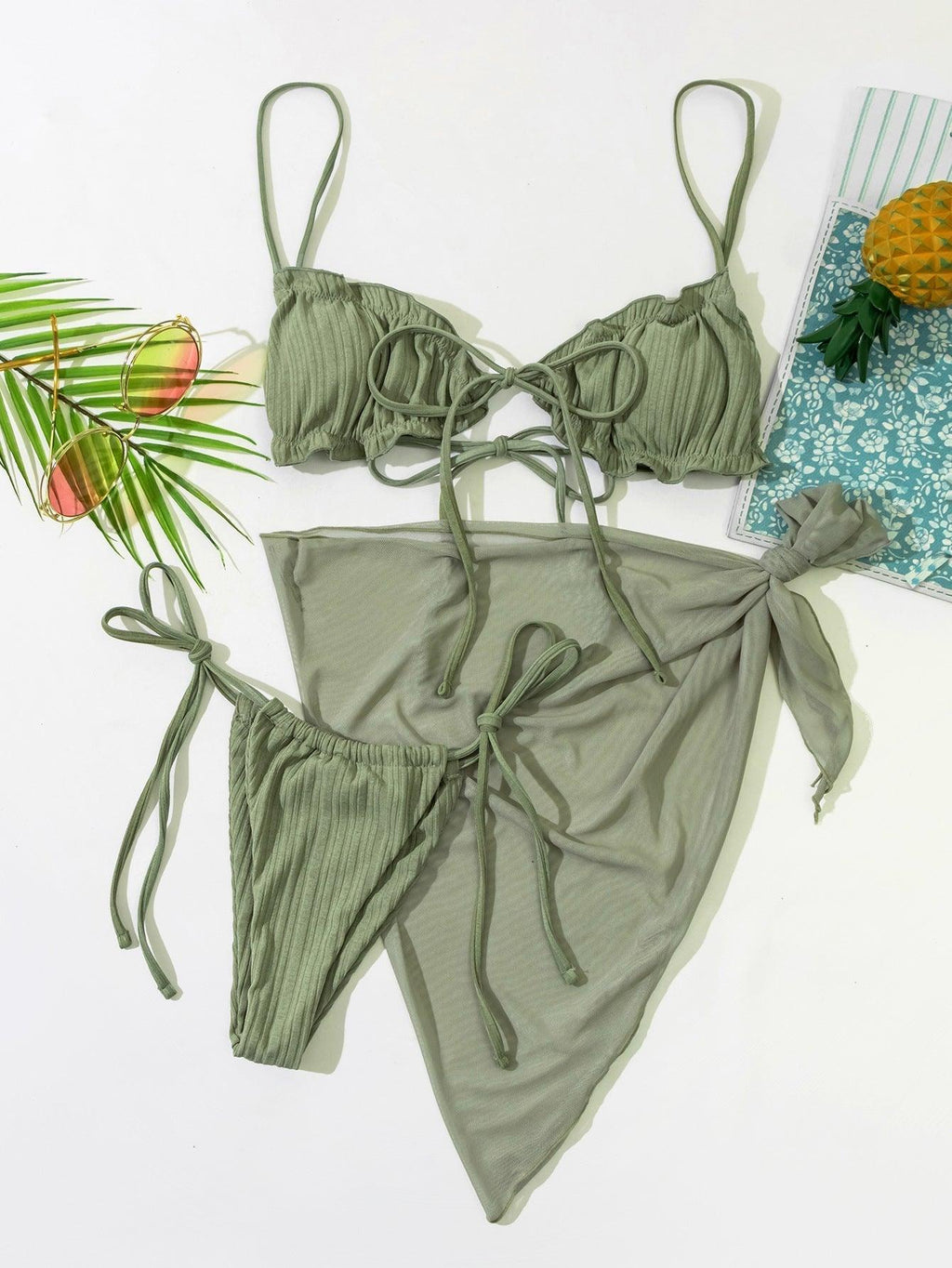 3PCS Ladies Split Swimwear Sets Women Swimsuit Women's Bikini Swimsuits Bikini Set With Wrap Skirt Underwire Swimwear Bathing Suit Chiffon Cover Up Bikini Ruffles Lace-up  Mesh Cover Ups Bikinis Set Stevvex