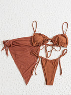 3PCS Ladies Split Swimwear Sets Women Swimsuit Women's Bikini Swimsuits Bikini Set With Wrap Skirt Underwire Swimwear Bathing Suit Chiffon Cover Up Bikini Ruffles Lace-up  Mesh Cover Ups Bikinis Set Stevvex