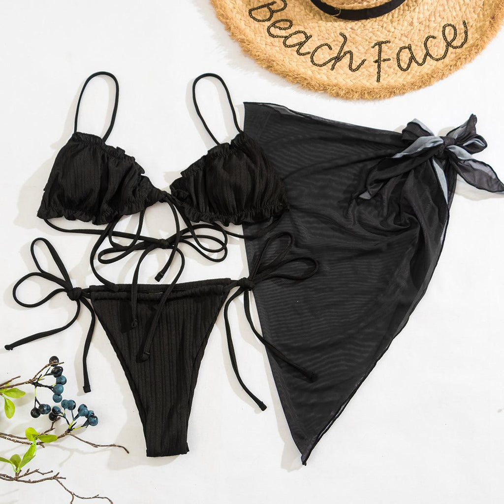 3PCS Ladies Split Swimwear Sets Women Swimsuit Women's Bikini Swimsuits Bikini Set With Wrap Skirt Underwire Swimwear Bathing Suit Chiffon Cover Up Bikini Ruffles Lace-up  Mesh Cover Ups Bikinis Set Stevvex