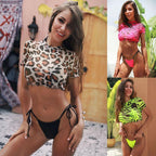 3PCS Women's Leopard Bikini Swimwear Swimsuit Bathing Beach Holiday Short Sleeve Leopard Print 3 Piece Short Sleeve Bikini Set Swimsuit Micro Triangle Bathing suit Stevvex