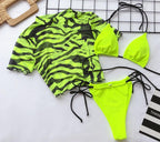 3PCS Women's Leopard Bikini Swimwear Swimsuit Bathing Beach Holiday Short Sleeve Leopard Print 3 Piece Short Sleeve Bikini Set Swimsuit Micro Triangle Bathing suit Stevvex