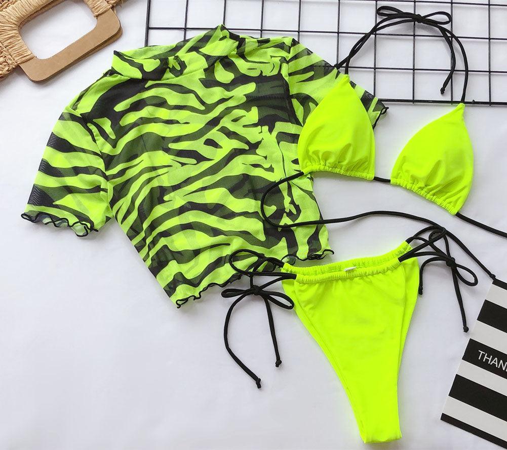 3PCS Women's Leopard Bikini Swimwear Swimsuit Bathing Beach Holiday Short Sleeve Leopard Print 3 Piece Short Sleeve Bikini Set Swimsuit Micro Triangle Bathing suit Stevvex