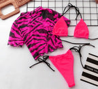 3PCS Women's Leopard Bikini Swimwear Swimsuit Bathing Beach Holiday Short Sleeve Leopard Print 3 Piece Short Sleeve Bikini Set Swimsuit Micro Triangle Bathing suit Stevvex