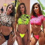 3PCS Women's Leopard Bikini Swimwear Swimsuit Bathing Beach Holiday Short Sleeve Leopard Print 3 Piece Short Sleeve Bikini Set Swimsuit Micro Triangle Bathing suit Stevvex