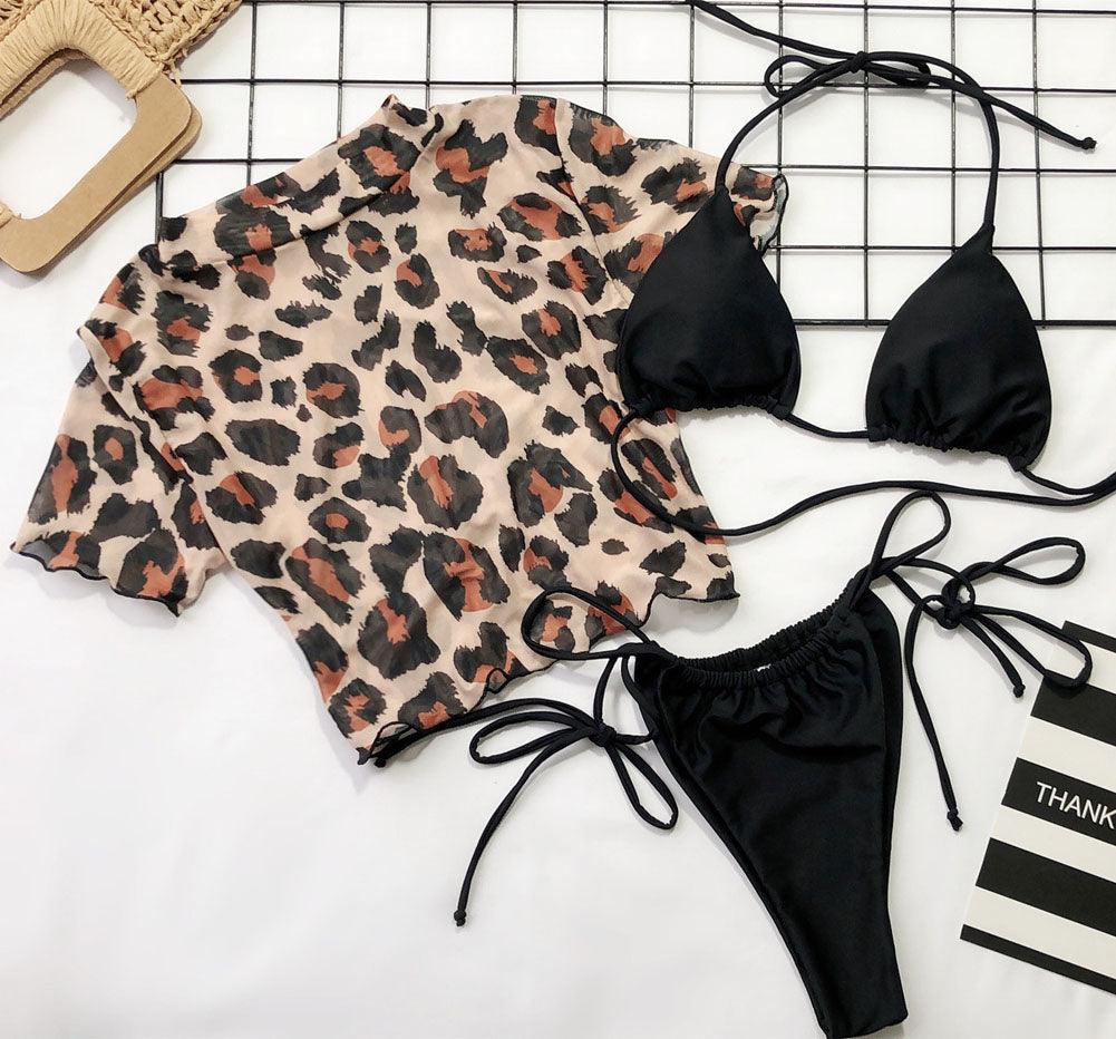 3PCS Women's Leopard Bikini Swimwear Swimsuit Bathing Beach Holiday Short Sleeve Leopard Print 3 Piece Short Sleeve Bikini Set Swimsuit Micro Triangle Bathing suit Stevvex
