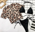 3PCS Women's Leopard Bikini Swimwear Swimsuit Bathing Beach Holiday Short Sleeve Leopard Print 3 Piece Short Sleeve Bikini Set Swimsuit Micro Triangle Bathing suit Stevvex