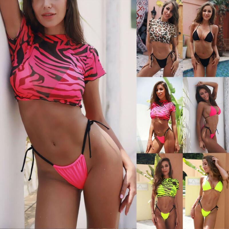 3PCS Women's Leopard Bikini Swimwear Swimsuit Bathing Beach Holiday Short Sleeve Leopard Print 3 Piece Short Sleeve Bikini Set Swimsuit Micro Triangle Bathing suit Stevvex