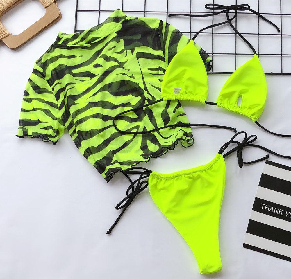 3PCS Women's Leopard Bikini Swimwear Swimsuit Bathing Beach Holiday Short Sleeve Leopard Print 3 Piece Short Sleeve Bikini Set Swimsuit Micro Triangle Bathing suit Stevvex