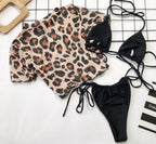 3PCS Women's Leopard Bikini Swimwear Swimsuit Bathing Beach Holiday Short Sleeve Leopard Print 3 Piece Short Sleeve Bikini Set Swimsuit Micro Triangle Bathing suit Stevvex