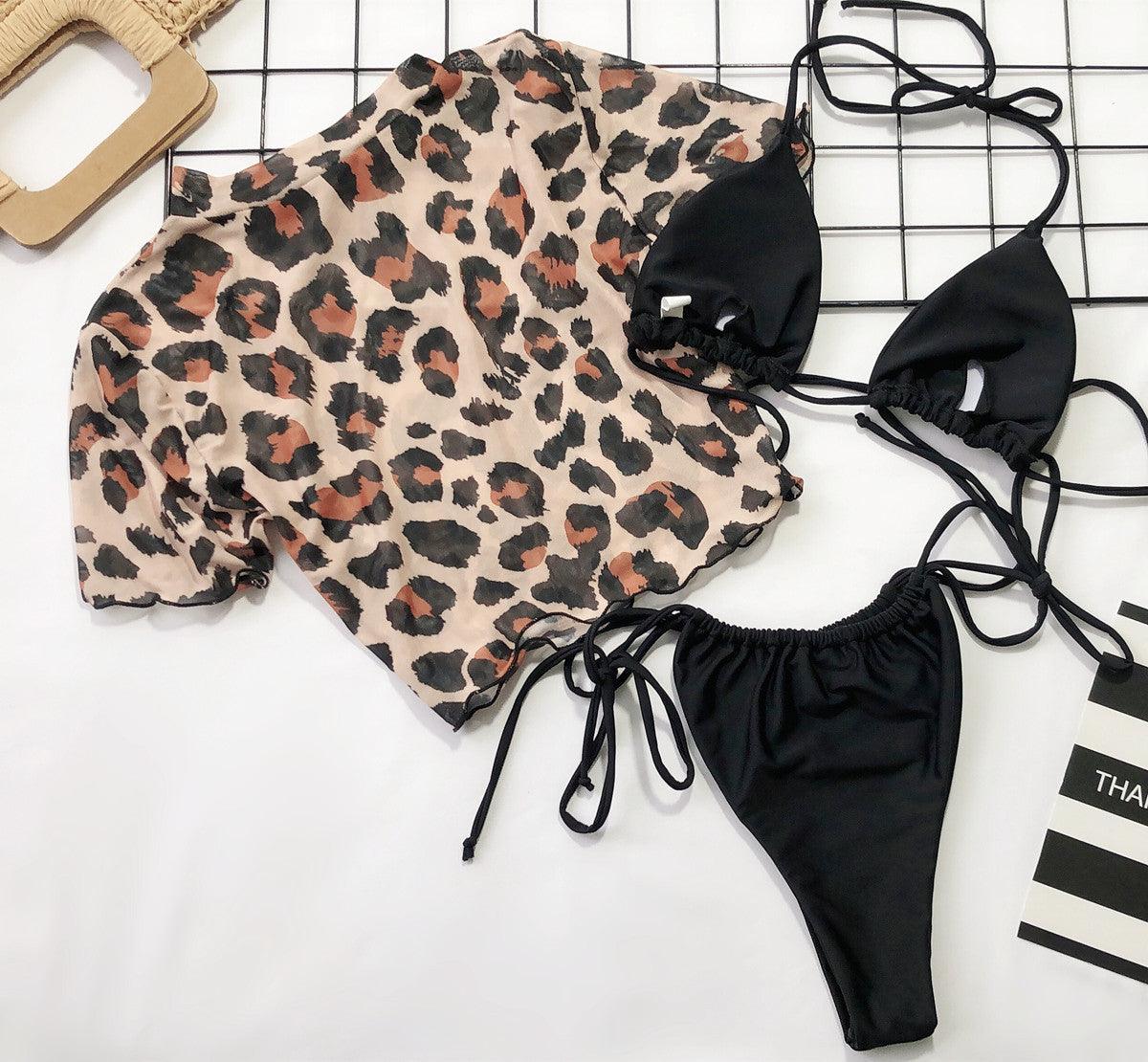 3PCS Women's Leopard Bikini Swimwear Swimsuit Bathing Beach Holiday Short Sleeve Leopard Print 3 Piece Short Sleeve Bikini Set Swimsuit Micro Triangle Bathing suit Stevvex
