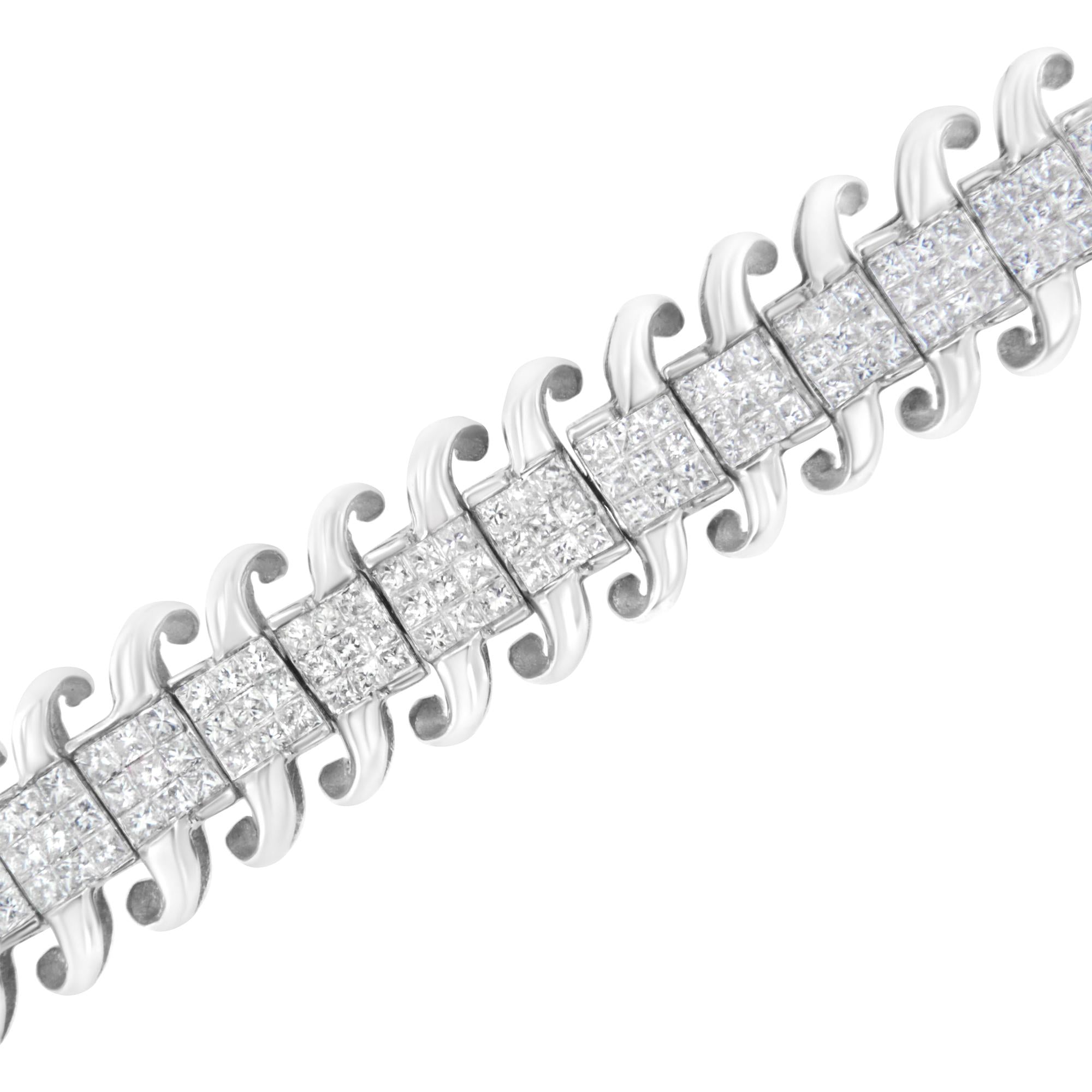 14K White Gold 5.0 Cttw Princess Cut Diamond 7" Invisible Set Wavy S-Link Tennis Bracelet (G-H Color, SI1-SI2 Clarity) Lootquake LLC