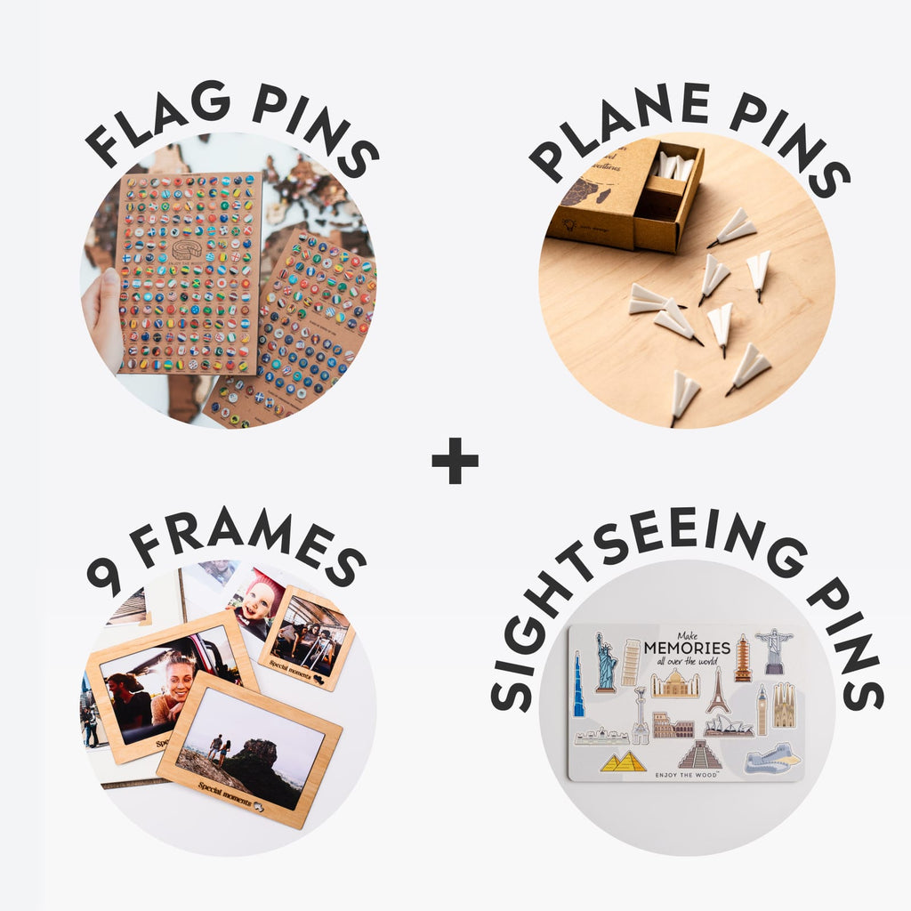 Bundle: Photo Frames, Flags, Airplane, and Sightseeings Pins Enjoy The Wood