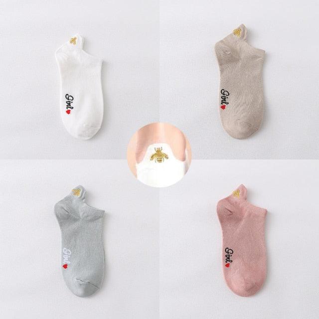 4 Pair/Lot Low Tube Boat Socks Gold Silk Embroidery Mouse Ankle Women Socks Cotton Low Cut Thin No Show Boat Socks For Men And Women Stevvex