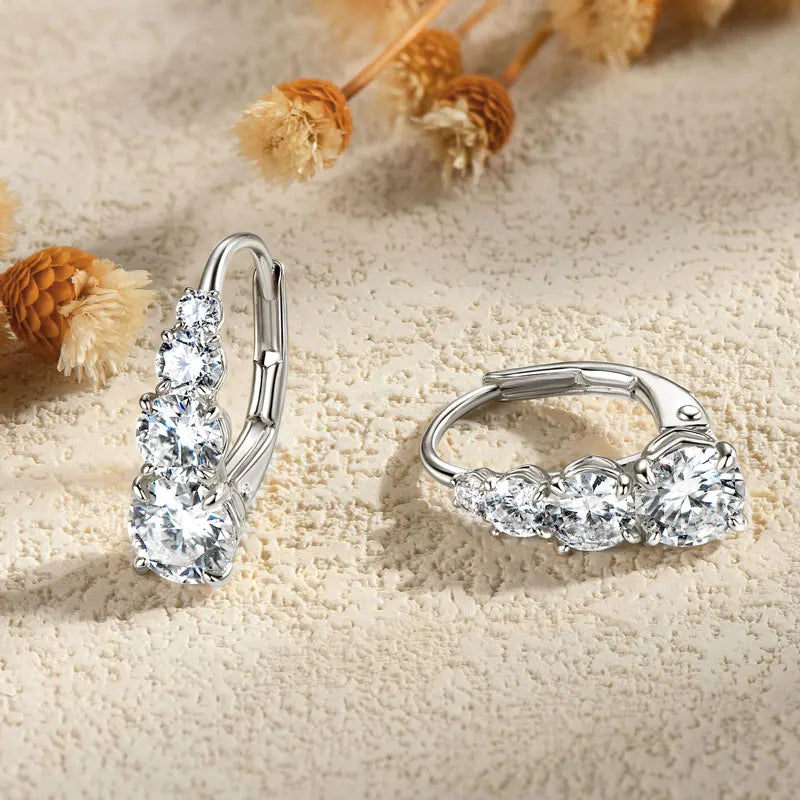 4-Stone Drop Hoop Earrings 925 Sterling Silver Moissanite D VVS1 Clip BandsCo Straps