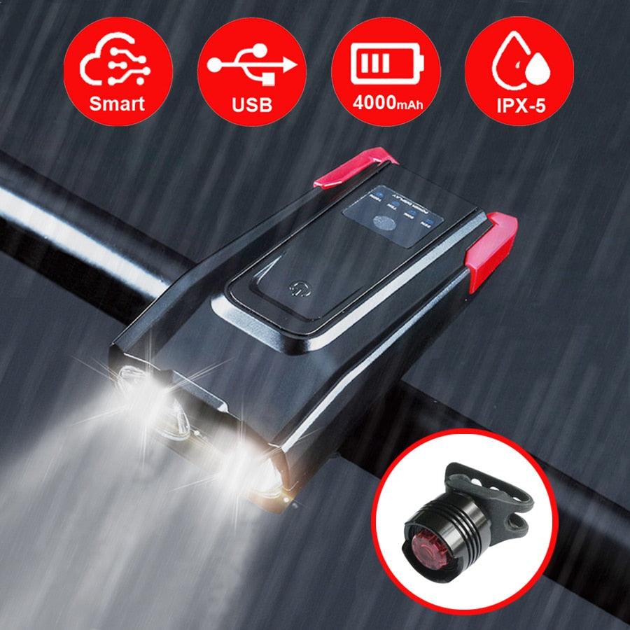 4000mAh Bicycle Front Light Set USB Rechargeable Smart Headlight With Horn 800 Lumen LED Bicycle Light Set USB Rechargeable Super Bright  Bike Headlight Stevvex