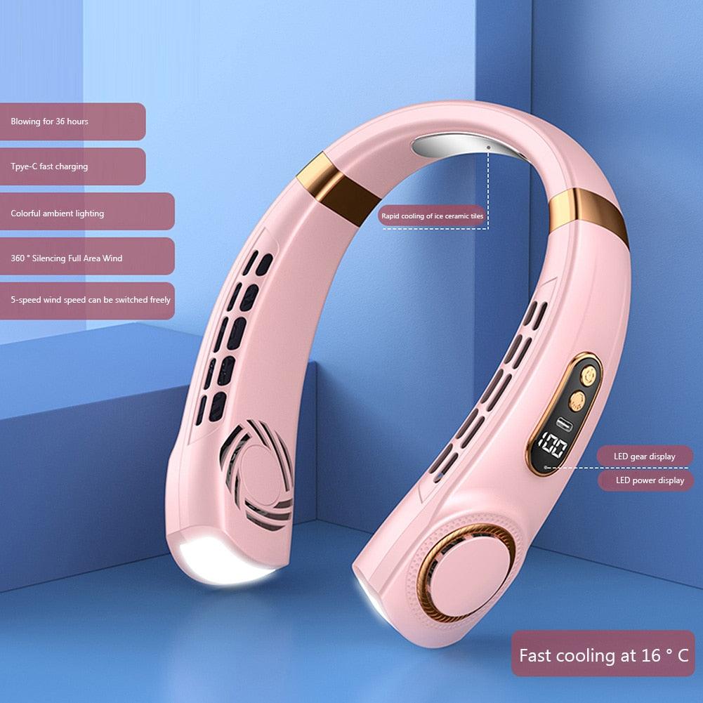 4000mAh Hanging Neck Fan USB Handheld Mute LED Digital Display Leafless Mini Electric Fan with LED Light 5 Gear Air Cooling Fans Digital Display Leafless Mini Electric Colorful Gear 5th Fan Stevvex