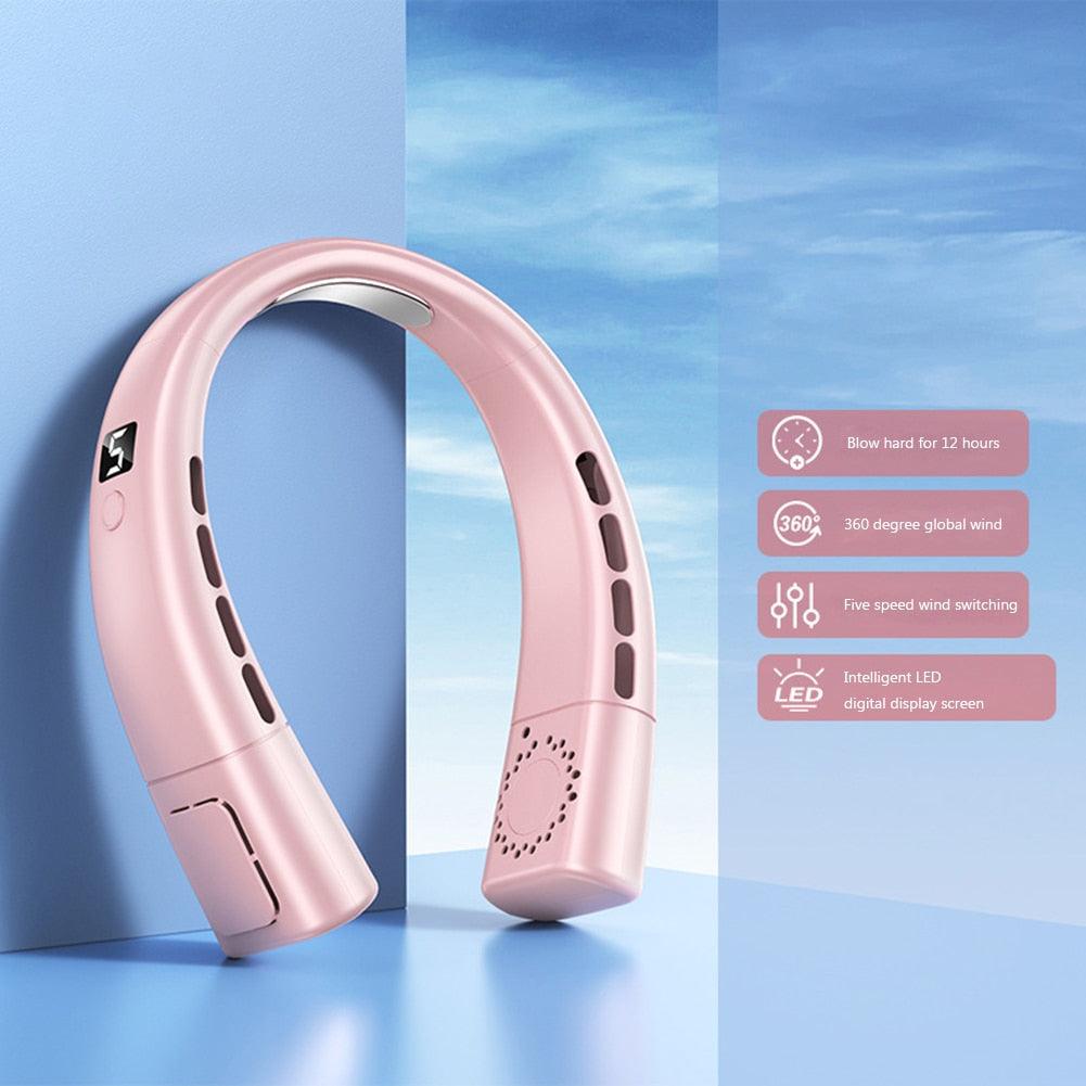 4000mAh Hanging Neck Fan USB Handheld Mute LED Digital Display Leafless Mini Electric Fan with LED Light 5 Gear Air Cooling Fans Digital Display Leafless Mini Electric Colorful Gear 5th Fan Stevvex