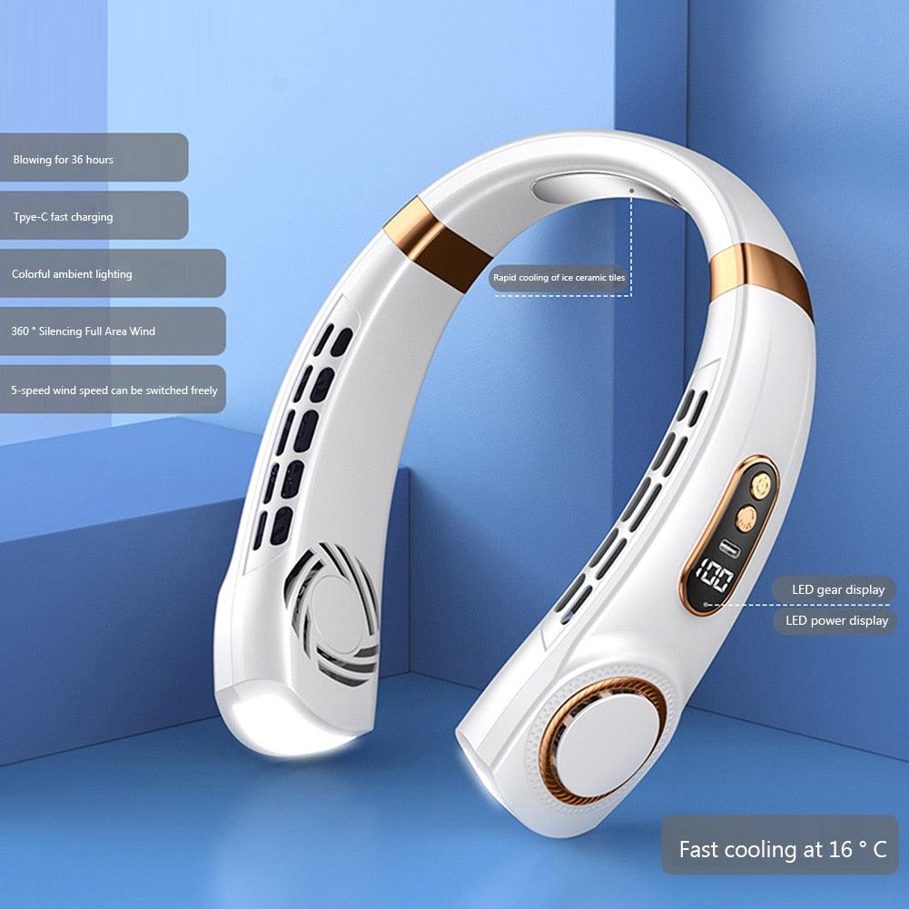 4000mAh Hanging Neck Fan USB Handheld Mute LED Digital Display Leafless Mini Electric Fan with LED Light 5 Gear Air Cooling Fans Digital Display Leafless Mini Electric Colorful Gear 5th Fan Stevvex