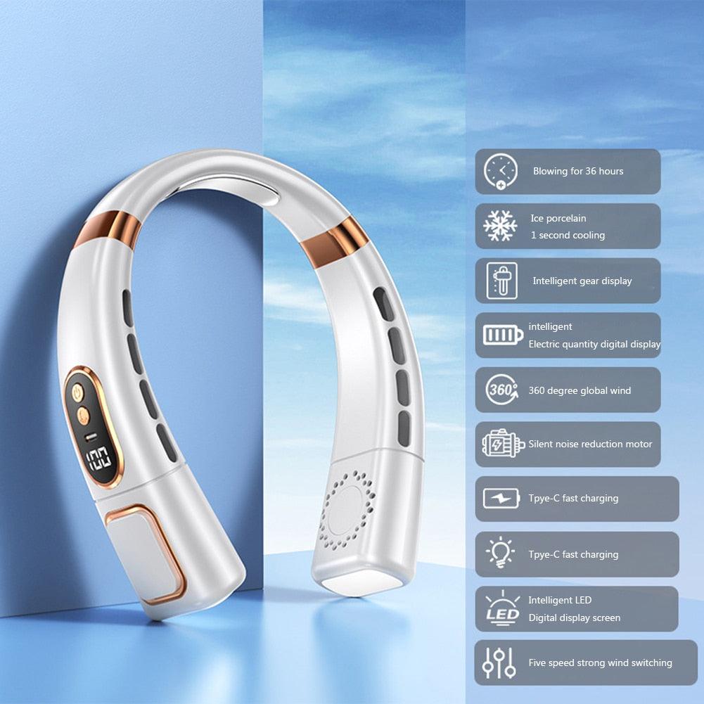 4000mAh Hanging Neck Fan USB Handheld Mute LED Digital Display Leafless Mini Electric Fan with LED Light 5 Gear Air Cooling Fans Digital Display Leafless Mini Electric Colorful Gear 5th Fan Stevvex