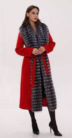 Genuine Silver Fox Virgin Wool Wrap Coat in Red - SJB-DIAMOND ELITES