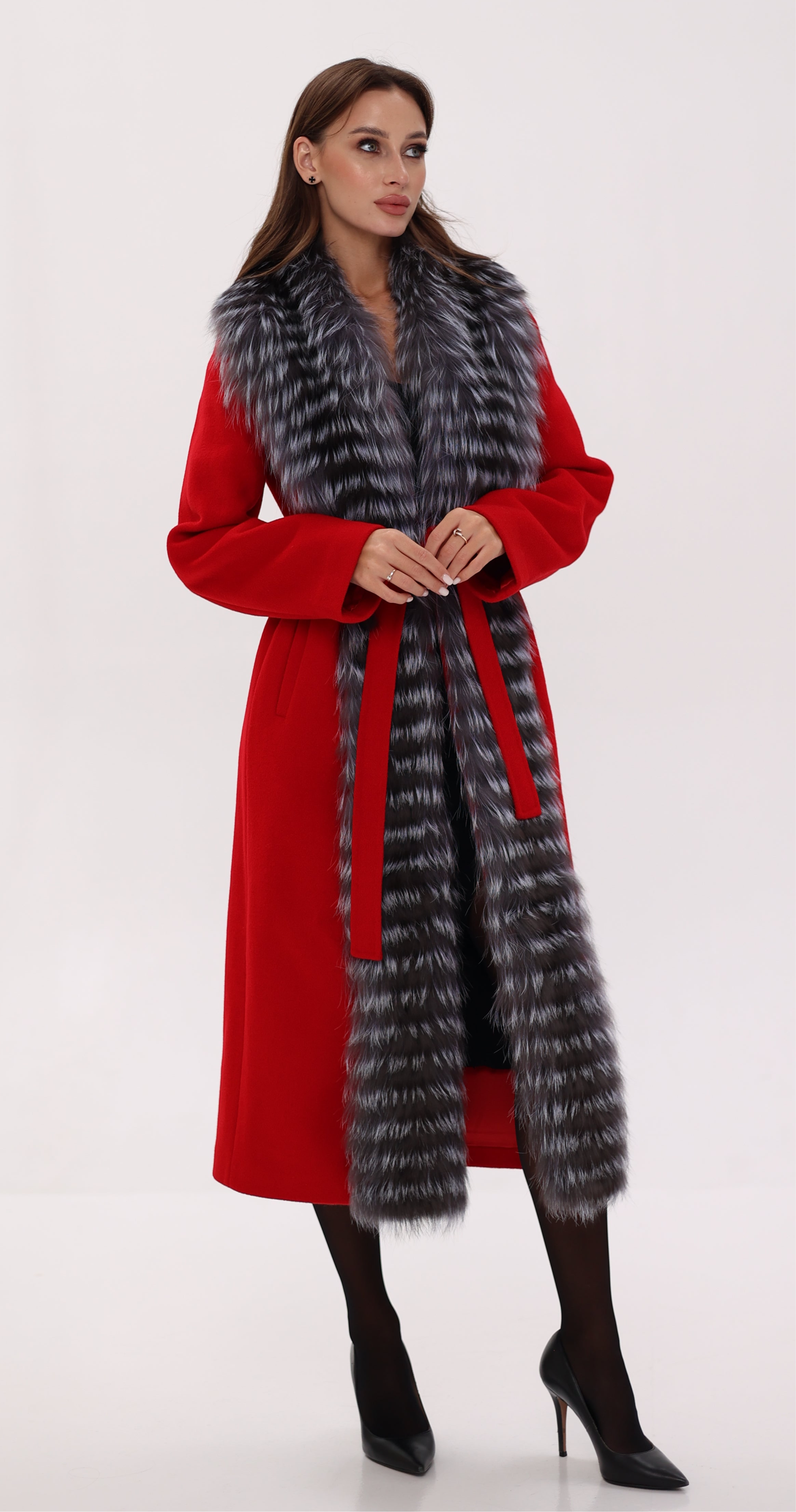 Genuine Silver Fox Virgin Wool Wrap Coat in Red - SJB-DIAMOND ELITES