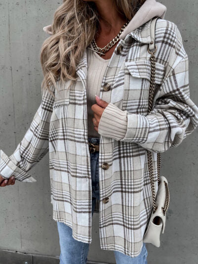 Vintage Retro Style Women Camel Plaid Button Up Jacket with Removable Hood Classic & Cozy Everyday Wear Stevvex