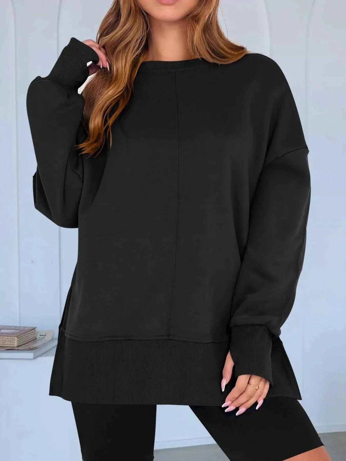 Side Slit Round Neck Long Sleeve Sweatshirt THRIXINE