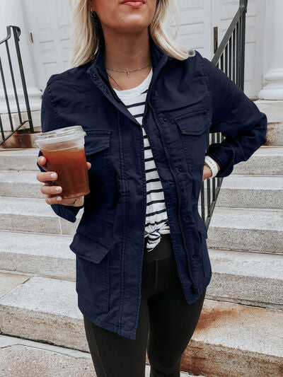 Retro Pocketed Long Sleeve Zip-Up Jacket Lightweight & Stylish Outerwear for Everyday Wear Stevvex
