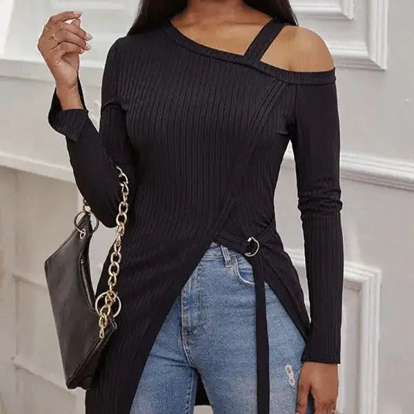 Ladies' Fashion Trend Asymmetrical High Neck Top, Casual Business Versatile, Solid Color Long Sleeved Clothes - SJB-DIAMOND ELITES