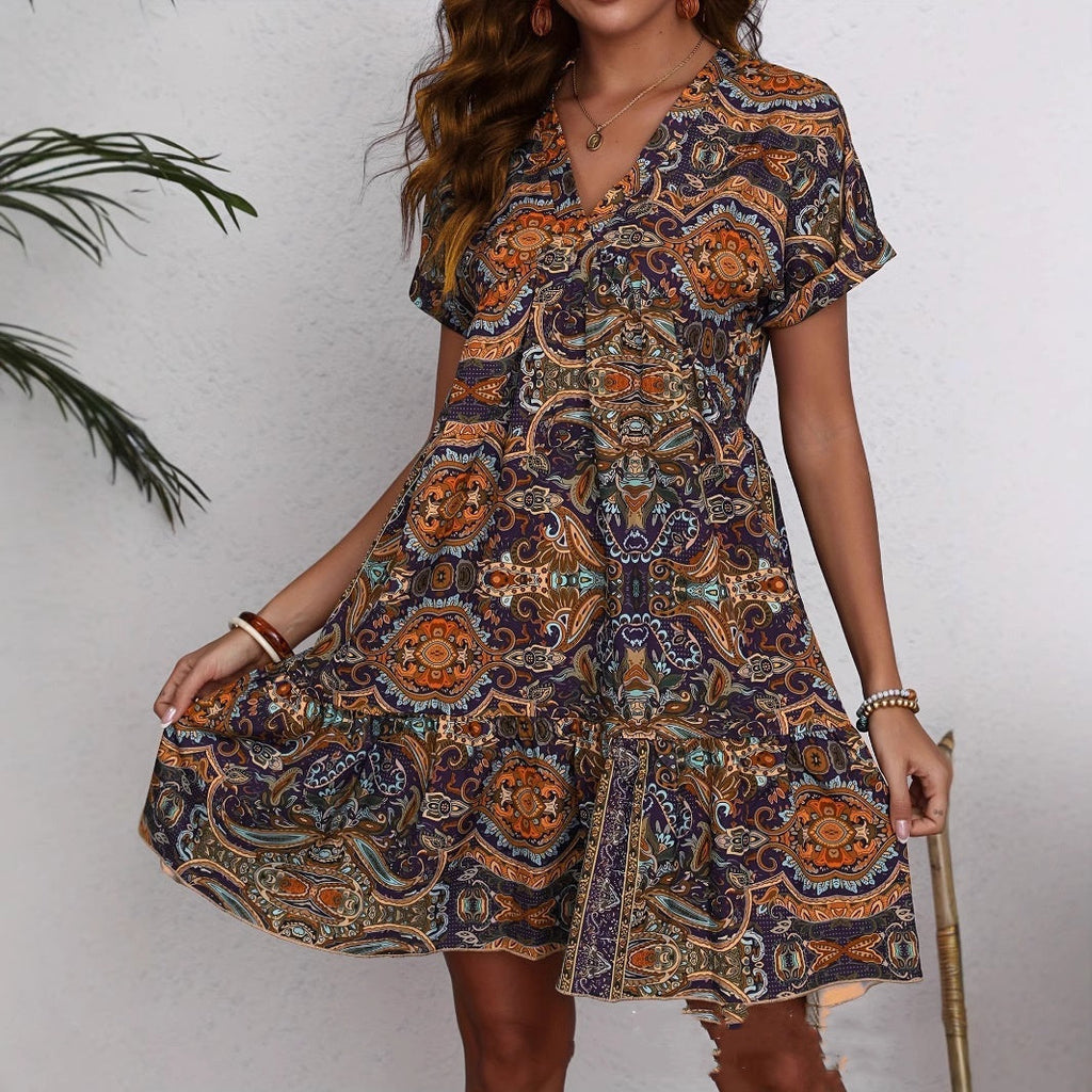 Women's Clothing Printed V-neck Leisure Vacation Style Dress Lootquake LLC