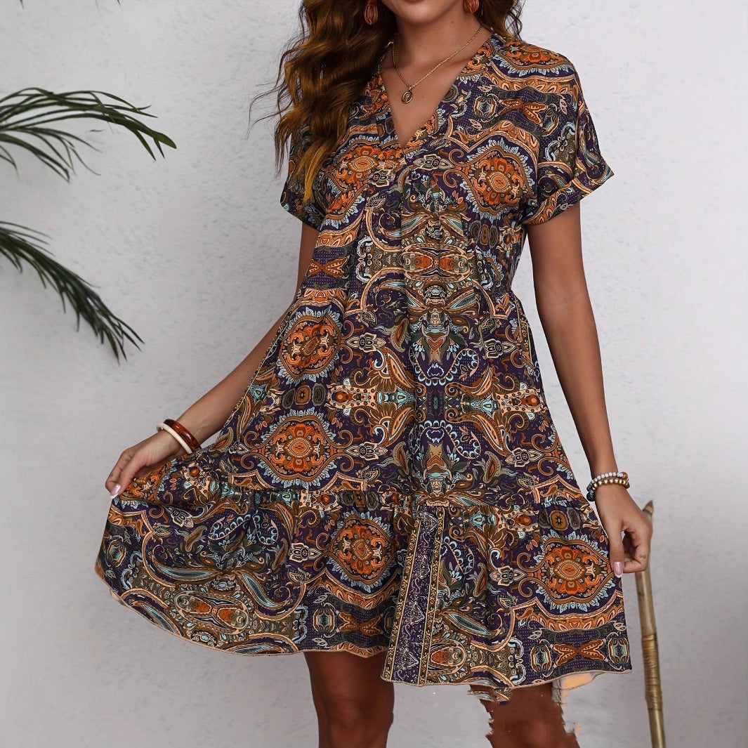 Women's Clothing Printed V-neck Leisure Vacation Style Dress Lootquake LLC