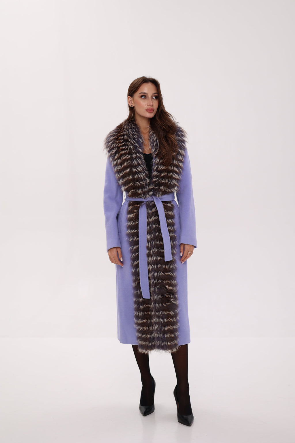 Genuine Silver Fox Virgin Wool Wrap Coat in Lavender - SJB-DIAMOND ELITES