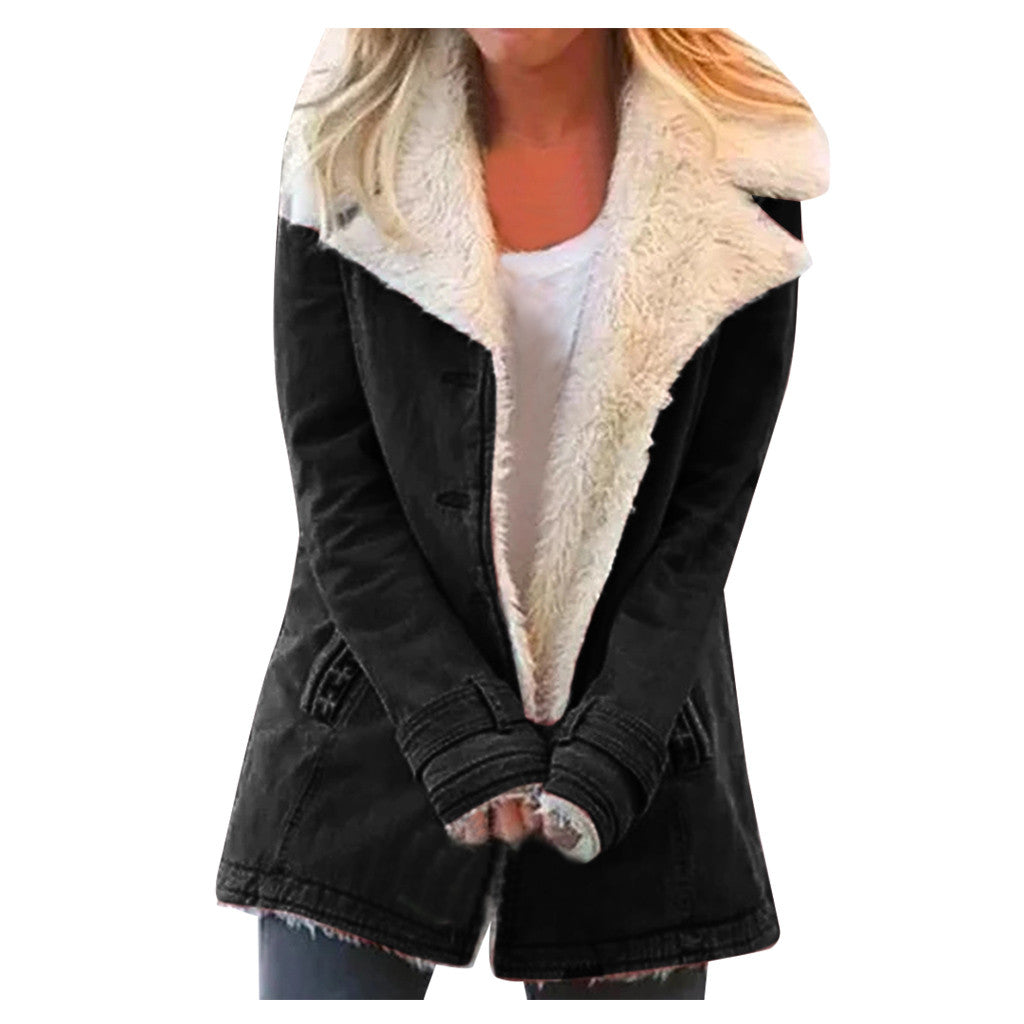 Women Plus Size Warm Coats Composite Plush Button Lapels Jacket Outwearcoat Pi-Mart