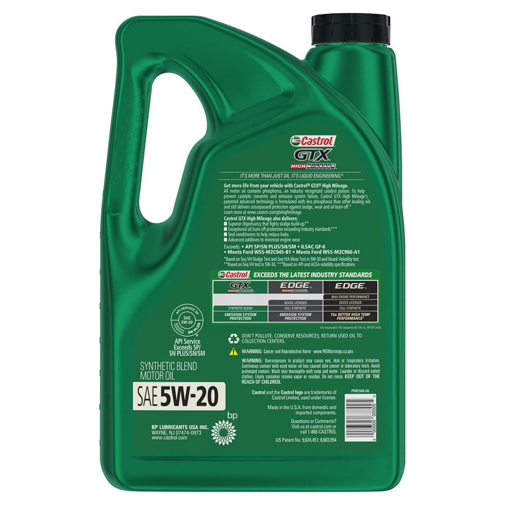 Castrol GTX High Mileage 5W-20 Synthetic Blend Motor Oil, 5 Quarts