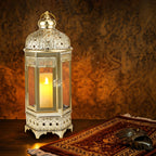 Moroccan Candle Lantern - 16'' Gold Hexagonal, Tempered Glass, Ramadan Decor for Indoor/Outdoor, Living Room, Parties & Events