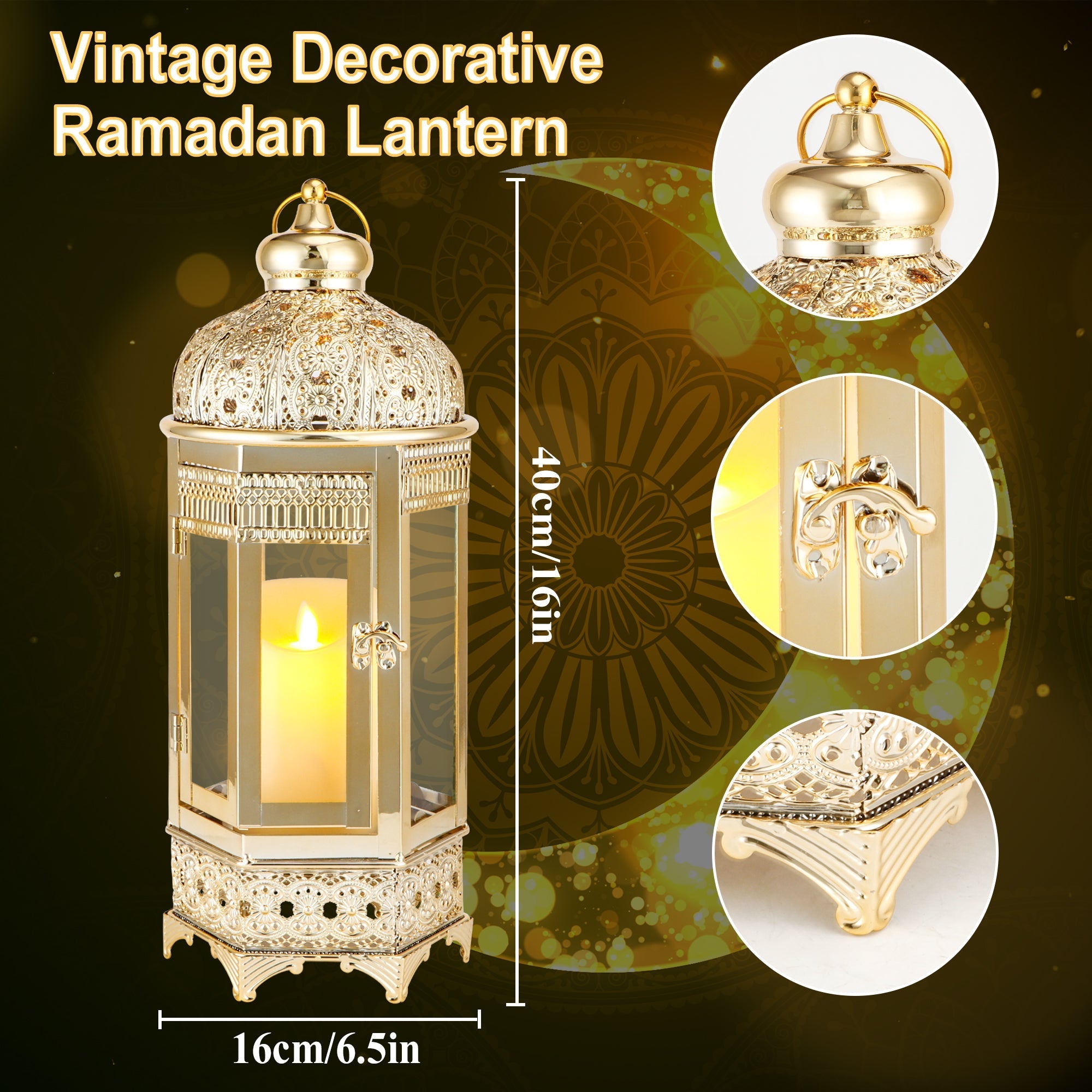 Moroccan Candle Lantern - 16'' Gold Hexagonal, Tempered Glass, Ramadan Decor for Indoor/Outdoor, Living Room, Parties & Events