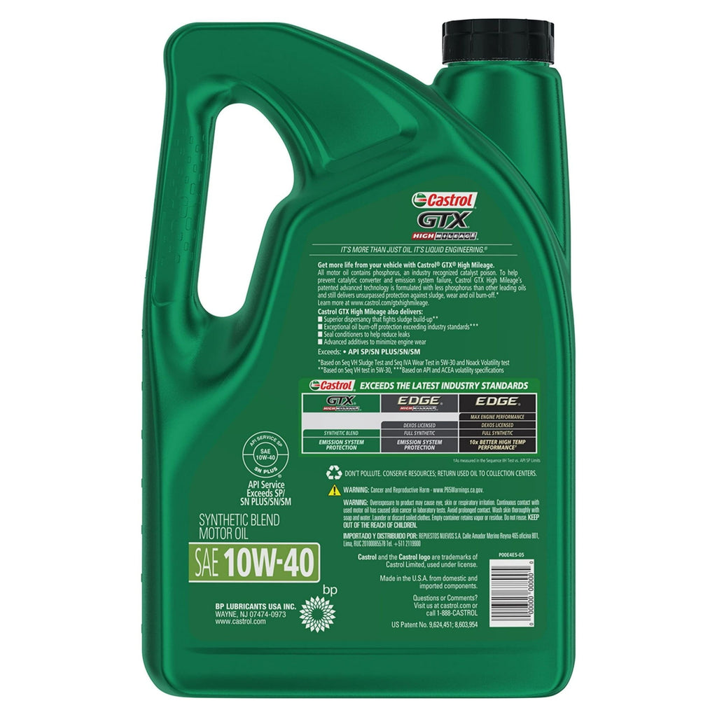 Castrol GTX High Mileage 10W-40 Synthetic Blend Motor Oil, 5 Quarts