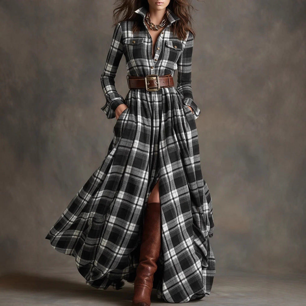 Large Size Women's Clothing French Retro Grid Slim Irregular Dress Pi-Mart