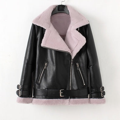 Men's motorcycle clothing lambskin bomber jacket plus velvet thick leather Pi-Mart